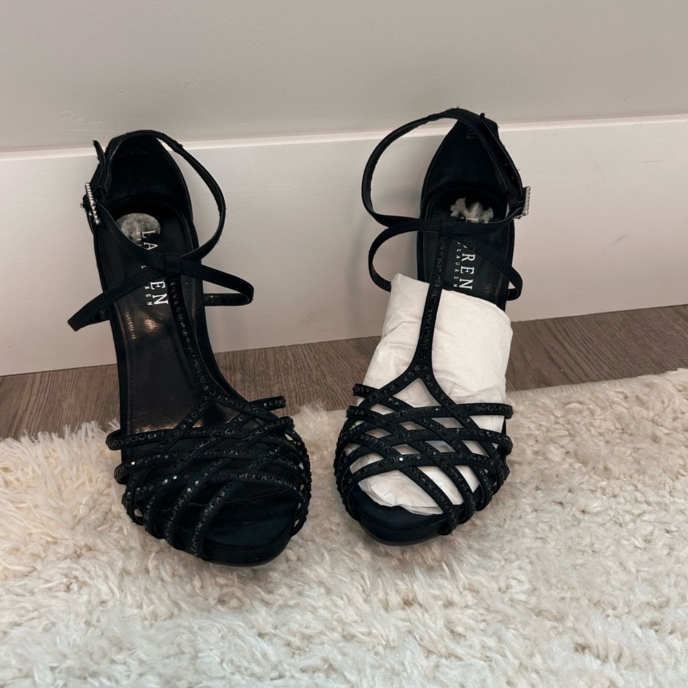 Lauren Ralph Lauren KADEN Heels -BLACK SATIN/STONES Size 7